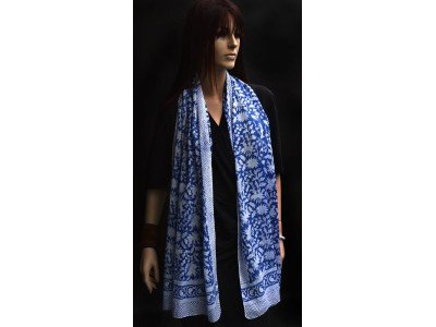 Katoenen origineel blockdrukprint sjaaltje, blauw en wit