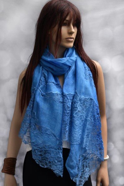 Linnen sjaaltje met kant, blauw