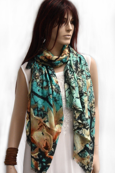 Sjaal van wol met zijde, turquoise, amandelbloesem