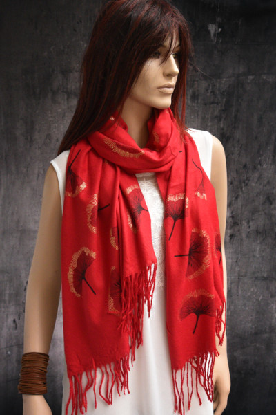 Superzachte sjaal met print ginko biloba, rood, zwart en goud