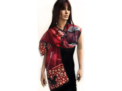Patchwork vintage style sjaal met kant en franjes, rood, zwart en grijs