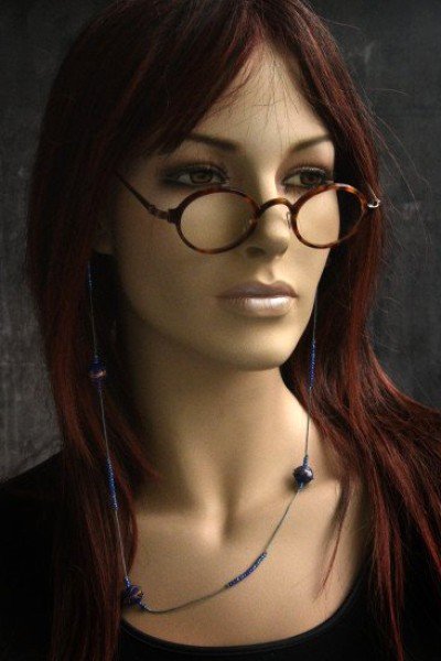 Handmade design brillenkoordje, blauw met koperkleurige kralen