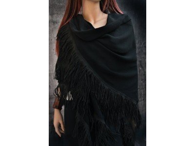 Elegante wollen sjaal of omslagdoek, zwart, driehoek dubbel, suede franjes